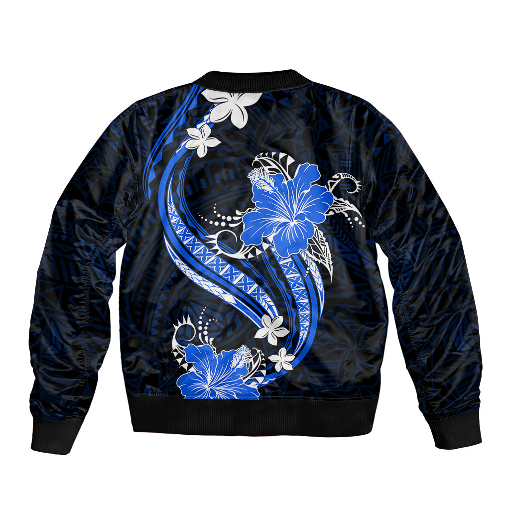 Blue Polynesian Pattern With Tropical Flowers Bomber Jacket LT05 - Polynesian Pride