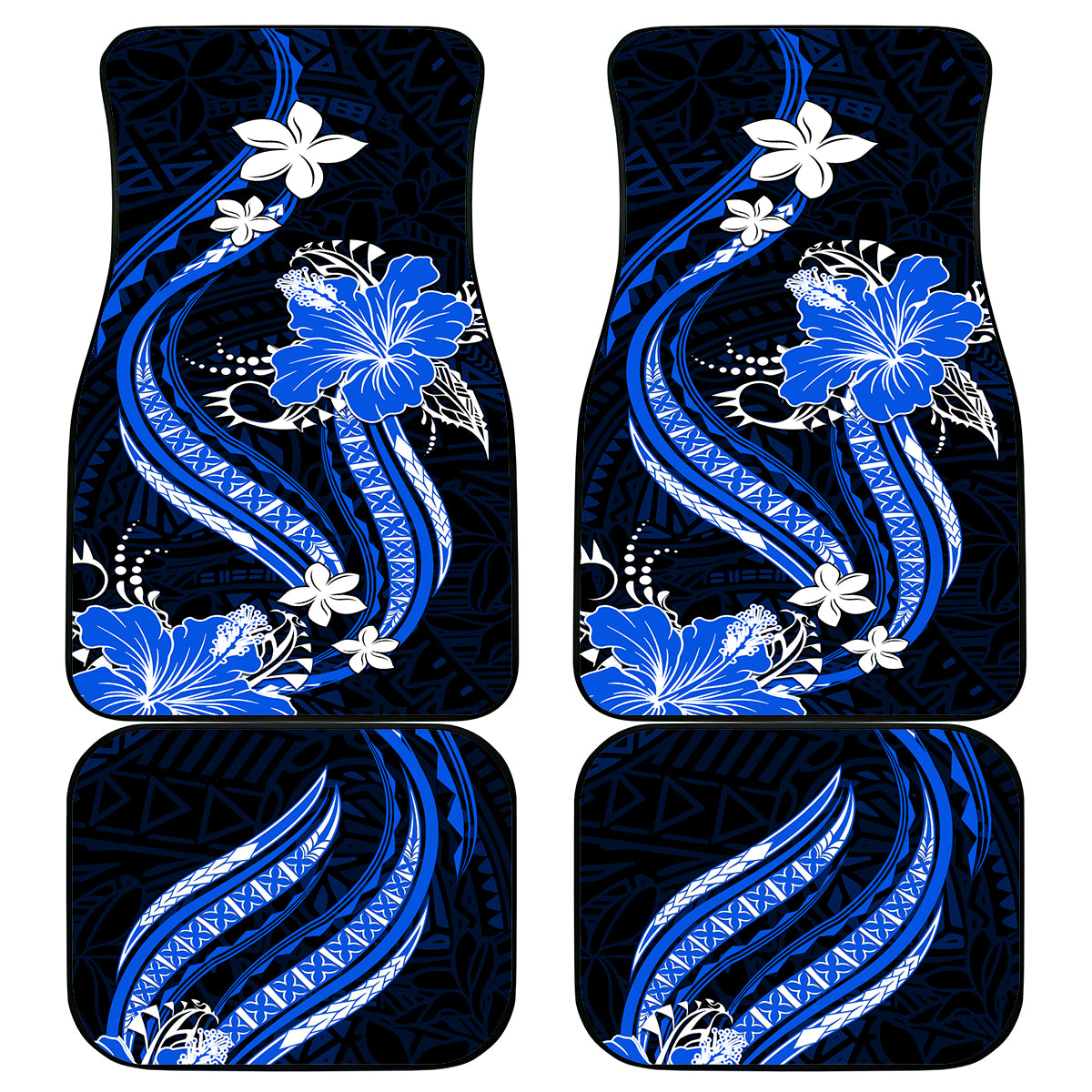 Blue Polynesian Pattern With Tropical Flowers Car Mats LT05 Blue - Polynesian Pride