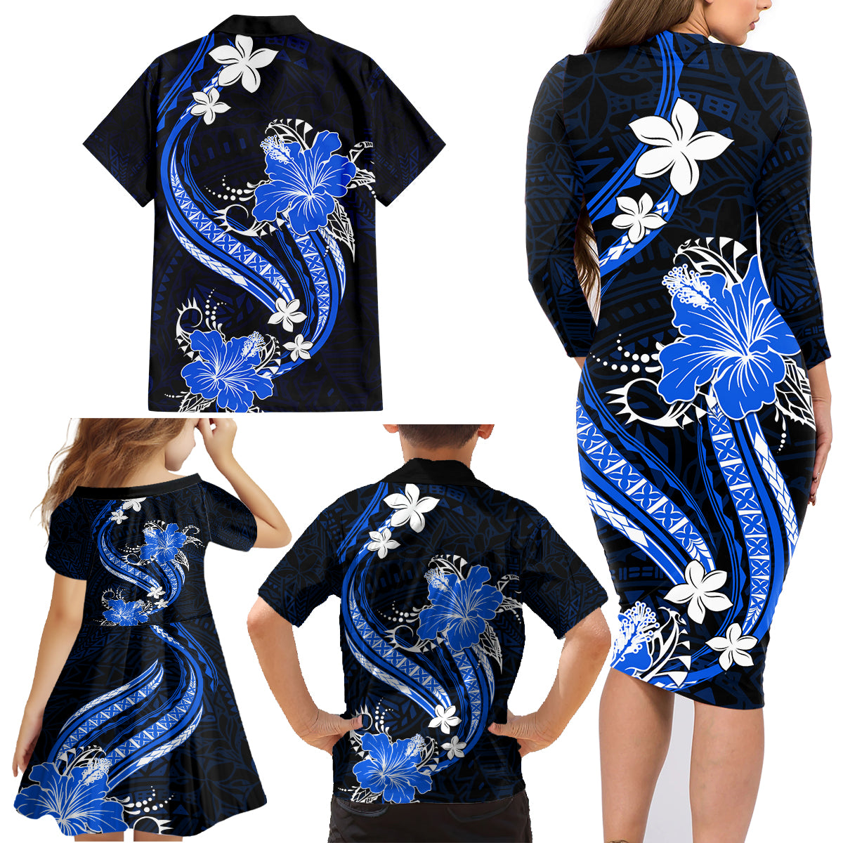 Blue Polynesian Pattern With Tropical Flowers Family Matching Long Sleeve Bodycon Dress and Hawaiian Shirt LT05 - Polynesian Pride