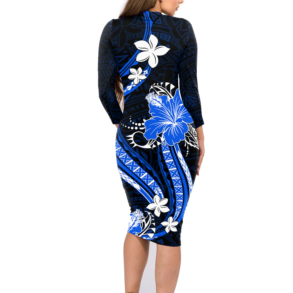 Blue Polynesian Pattern With Tropical Flowers Family Matching Long Sleeve Bodycon Dress and Hawaiian Shirt LT05 - Polynesian Pride