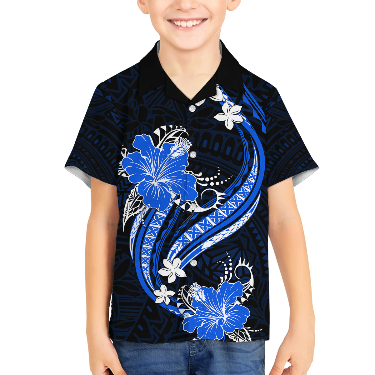 Blue Polynesian Pattern With Tropical Flowers Family Matching Long Sleeve Bodycon Dress and Hawaiian Shirt LT05 Son's Shirt Blue - Polynesian Pride