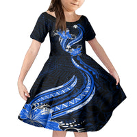 Blue Polynesian Pattern With Tropical Flowers Family Matching Off Shoulder Long Sleeve Dress and Hawaiian Shirt LT05 Daughter's Dress Blue - Polynesian Pride