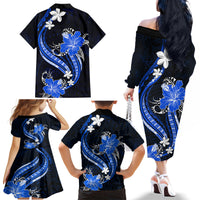 Blue Polynesian Pattern With Tropical Flowers Family Matching Off Shoulder Long Sleeve Dress and Hawaiian Shirt LT05 - Polynesian Pride