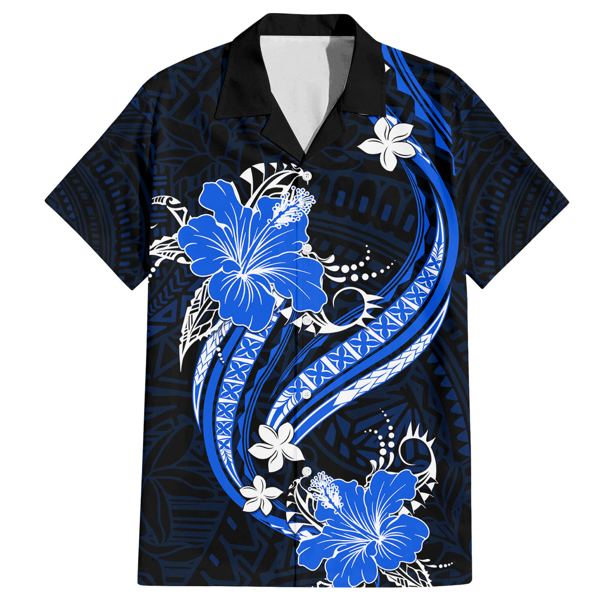 Blue Polynesian Pattern With Tropical Flowers Family Matching Off Shoulder Long Sleeve Dress and Hawaiian Shirt LT05 Dad's Shirt - Short Sleeve Blue - Polynesian Pride