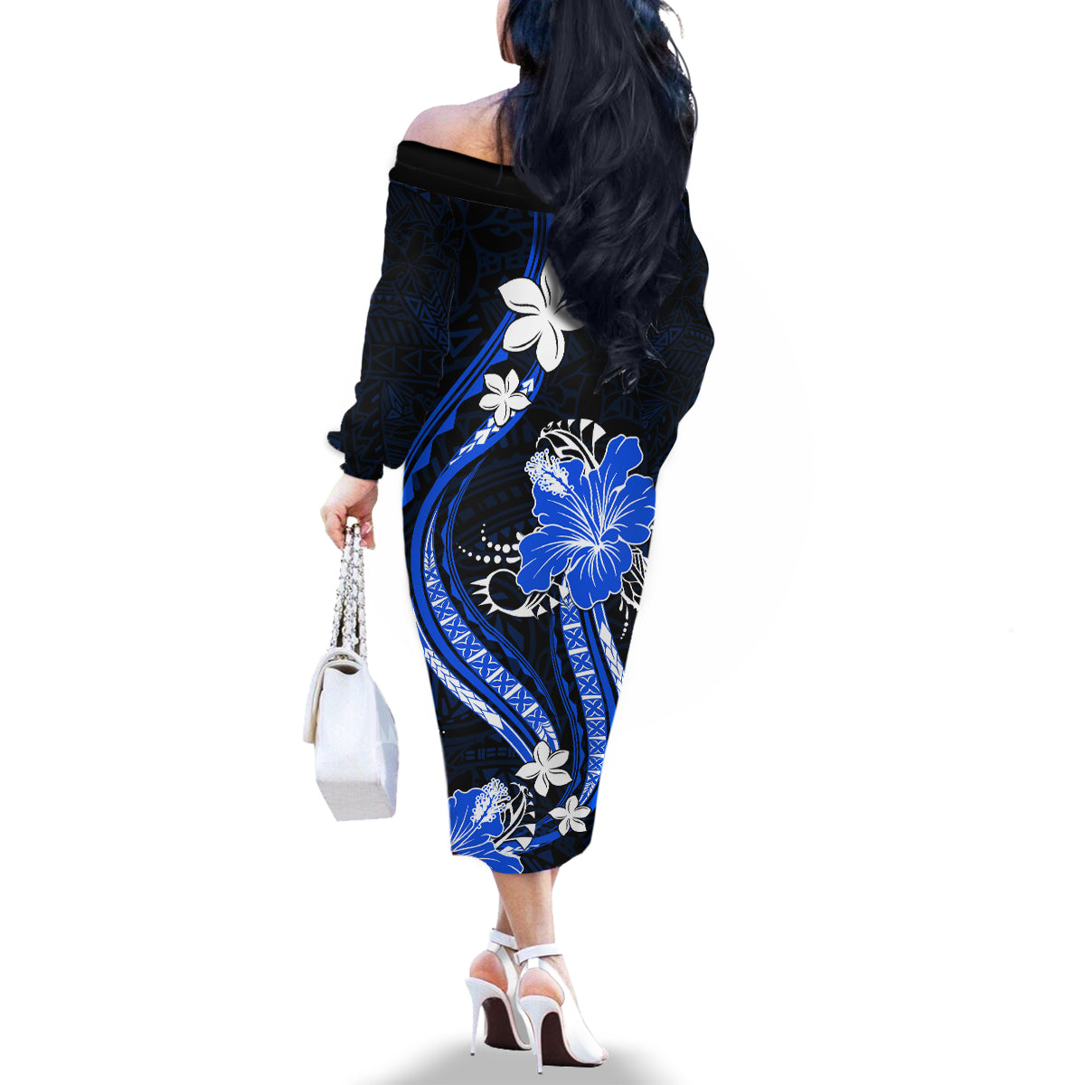 Blue Polynesian Pattern With Tropical Flowers Family Matching Off Shoulder Long Sleeve Dress and Hawaiian Shirt LT05 - Polynesian Pride