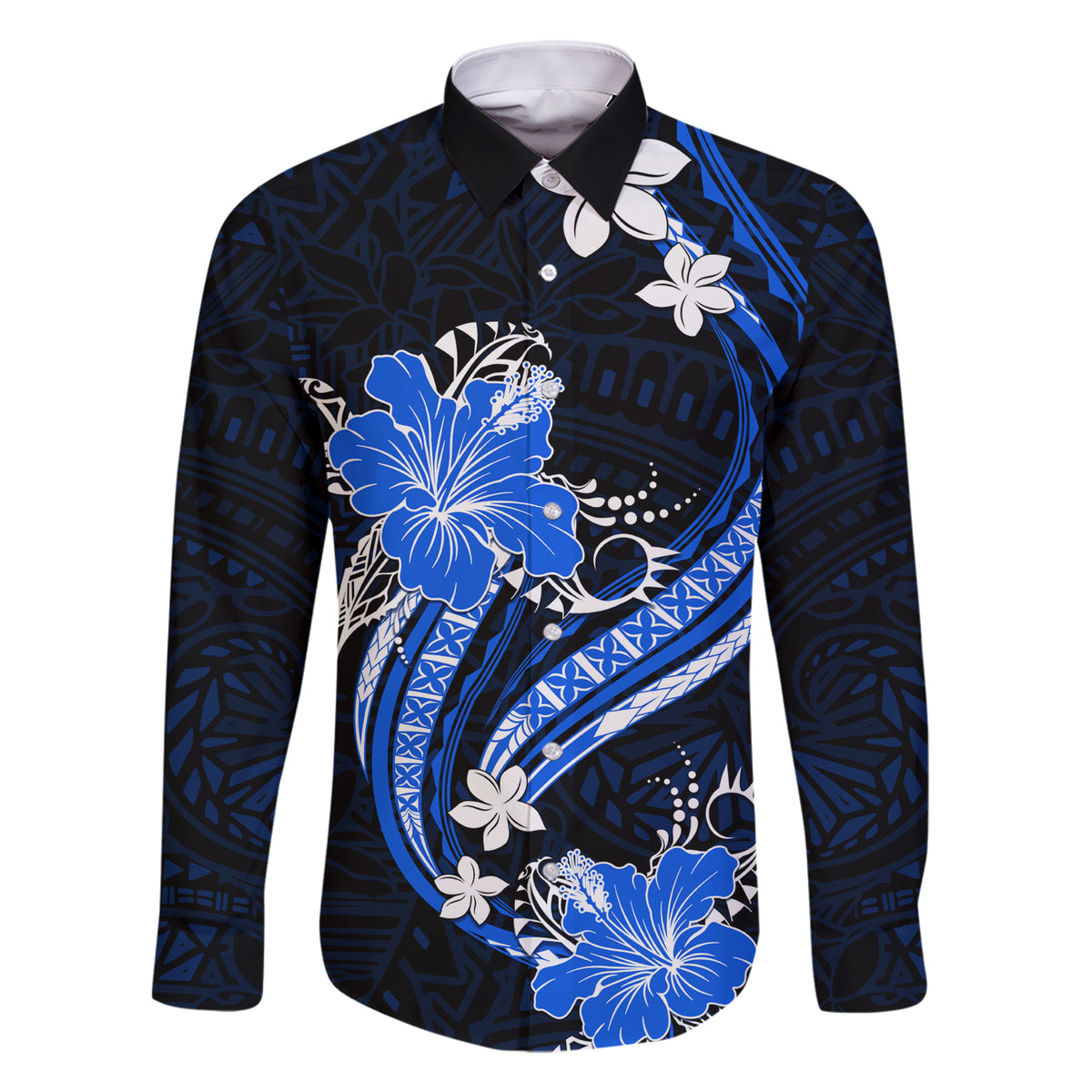 Blue Polynesian Pattern With Tropical Flowers Family Matching Short Sleeve Bodycon Dress and Hawaiian Shirt LT05 Dad's Shirt - Long Sleeve Blue - Polynesian Pride
