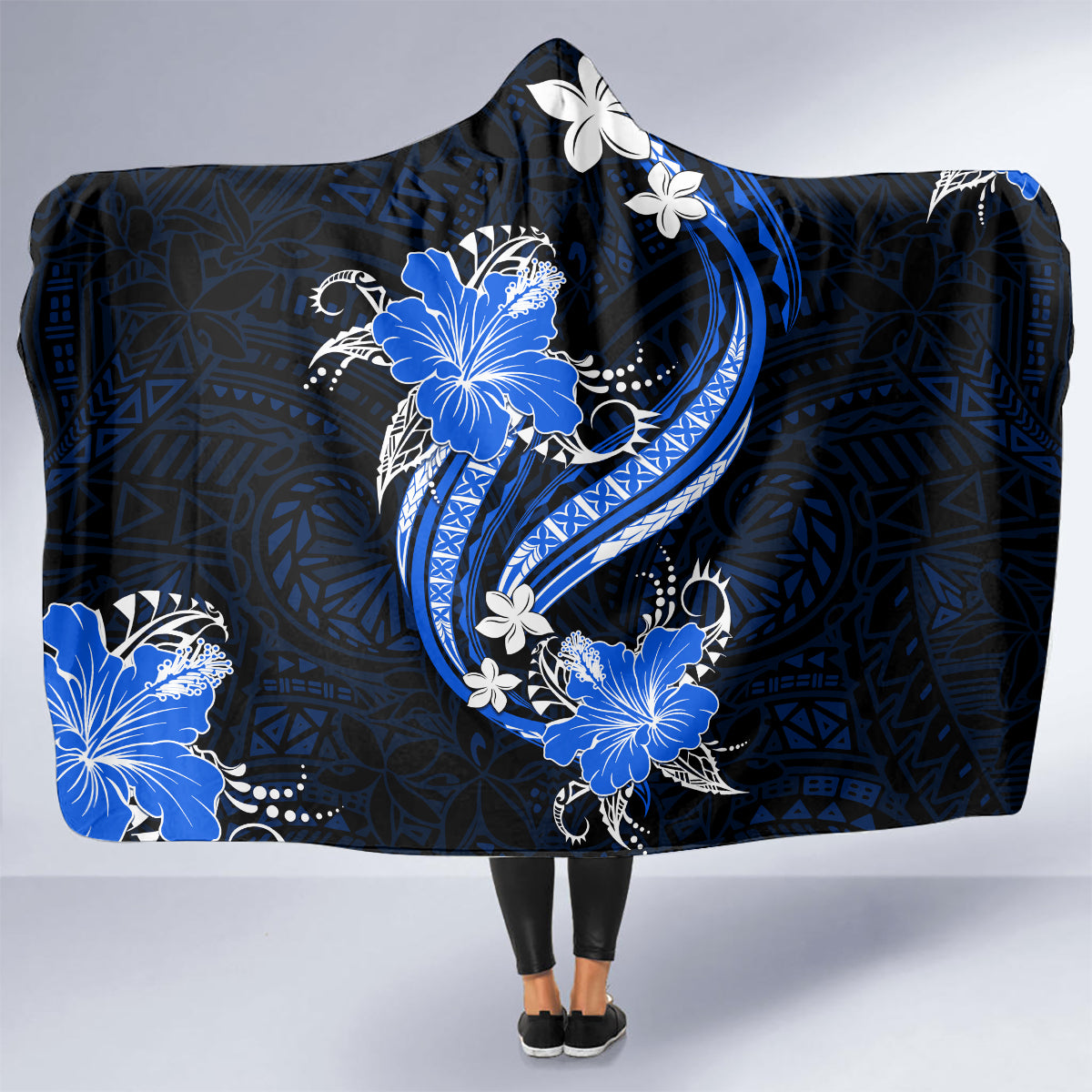 Blue Polynesian Pattern With Tropical Flowers Hooded Blanket LT05 - Polynesian Pride