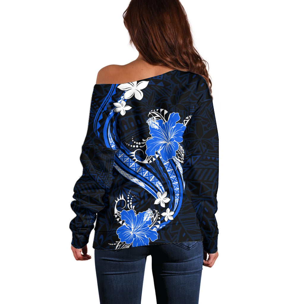 Blue Polynesian Pattern With Tropical Flowers Off Shoulder Sweater LT05 - Polynesian Pride