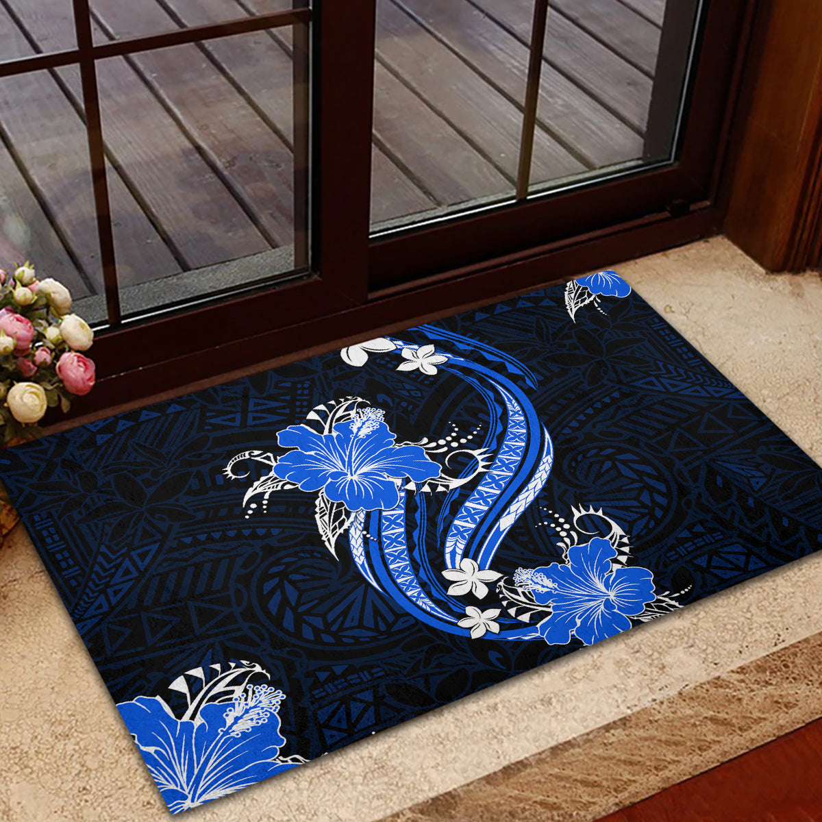 Blue Polynesian Pattern With Tropical Flowers Rubber Doormat LT05 - Polynesian Pride