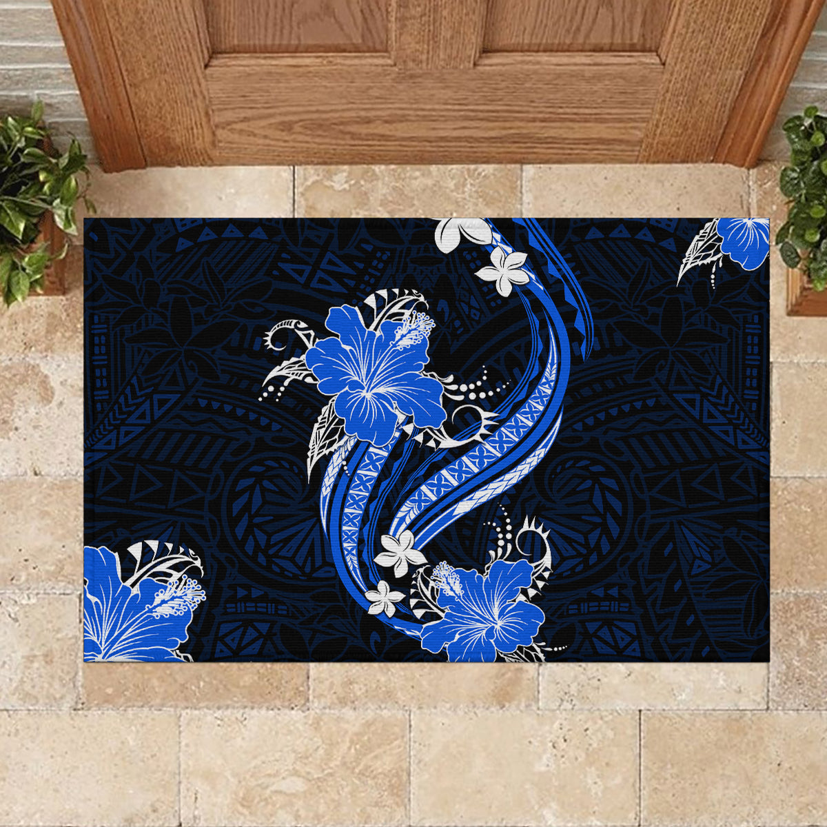 Blue Polynesian Pattern With Tropical Flowers Rubber Doormat LT05 - Polynesian Pride