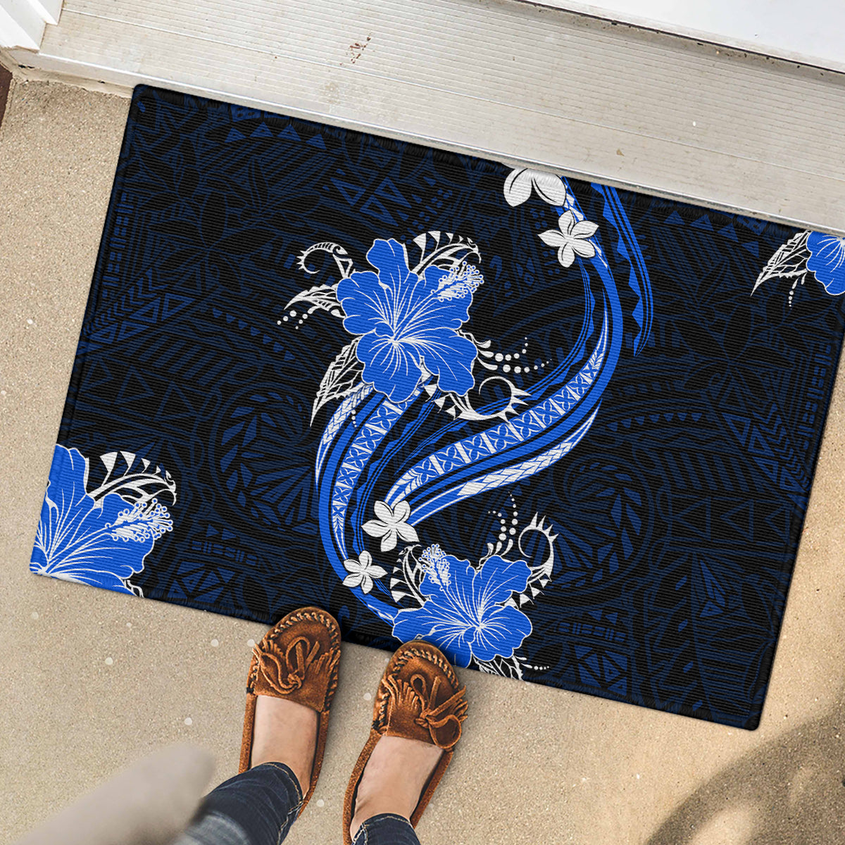 Blue Polynesian Pattern With Tropical Flowers Rubber Doormat LT05 - Polynesian Pride
