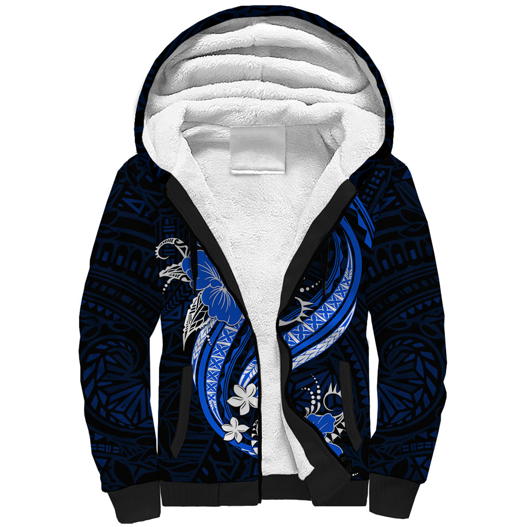 Blue Polynesian Pattern With Tropical Flowers Sherpa Hoodie LT05 Unisex Blue - Polynesian Pride