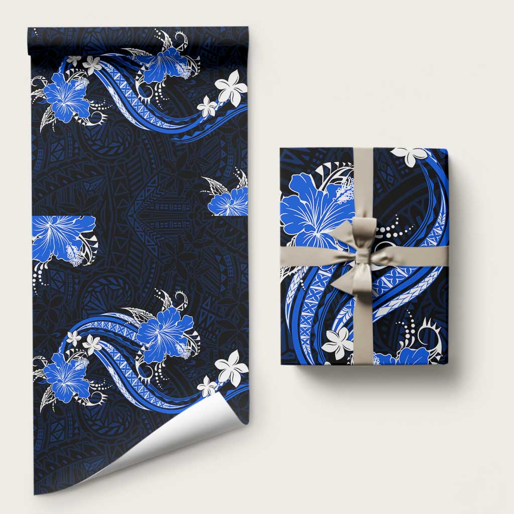 Blue Polynesian Pattern With Tropical Flowers Wrapping Paper LT05 58" × 23" Blue - Polynesian Pride