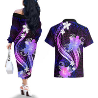 Galaxy Polynesian Pattern With Tropical Flowers Couples Matching Off The Shoulder Long Sleeve Dress and Hawaiian Shirt LT05 - Polynesian Pride