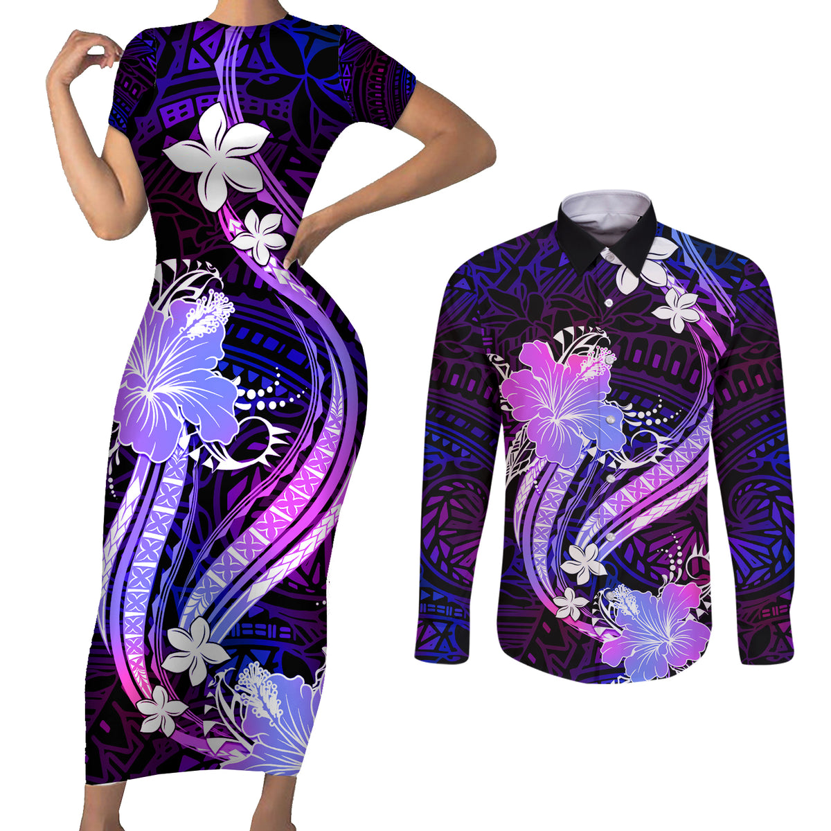 Galaxy Polynesian Pattern With Tropical Flowers Couples Matching Short Sleeve Bodycon Dress and Long Sleeve Button Shirt LT05 Galaxy - Polynesian Pride