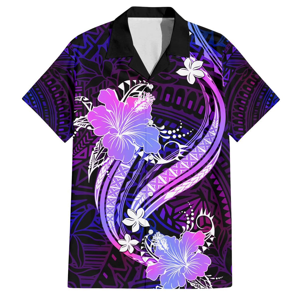 Galaxy Polynesian Pattern With Tropical Flowers Family Matching Long Sleeve Bodycon Dress and Hawaiian Shirt LT05 Dad's Shirt - Short Sleeve Galaxy - Polynesian Pride