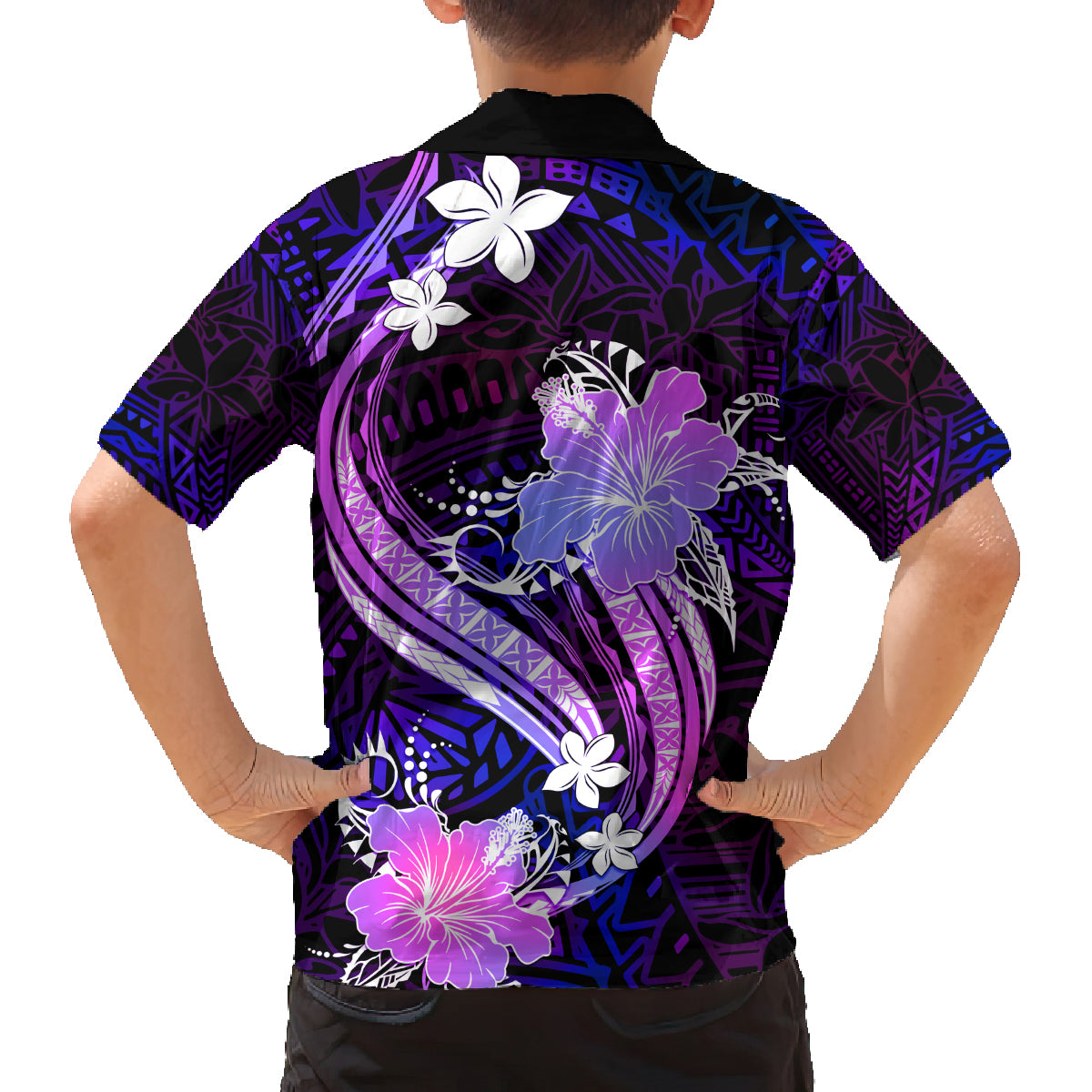 Galaxy Polynesian Pattern With Tropical Flowers Family Matching Off Shoulder Maxi Dress and Hawaiian Shirt LT05 - Polynesian Pride