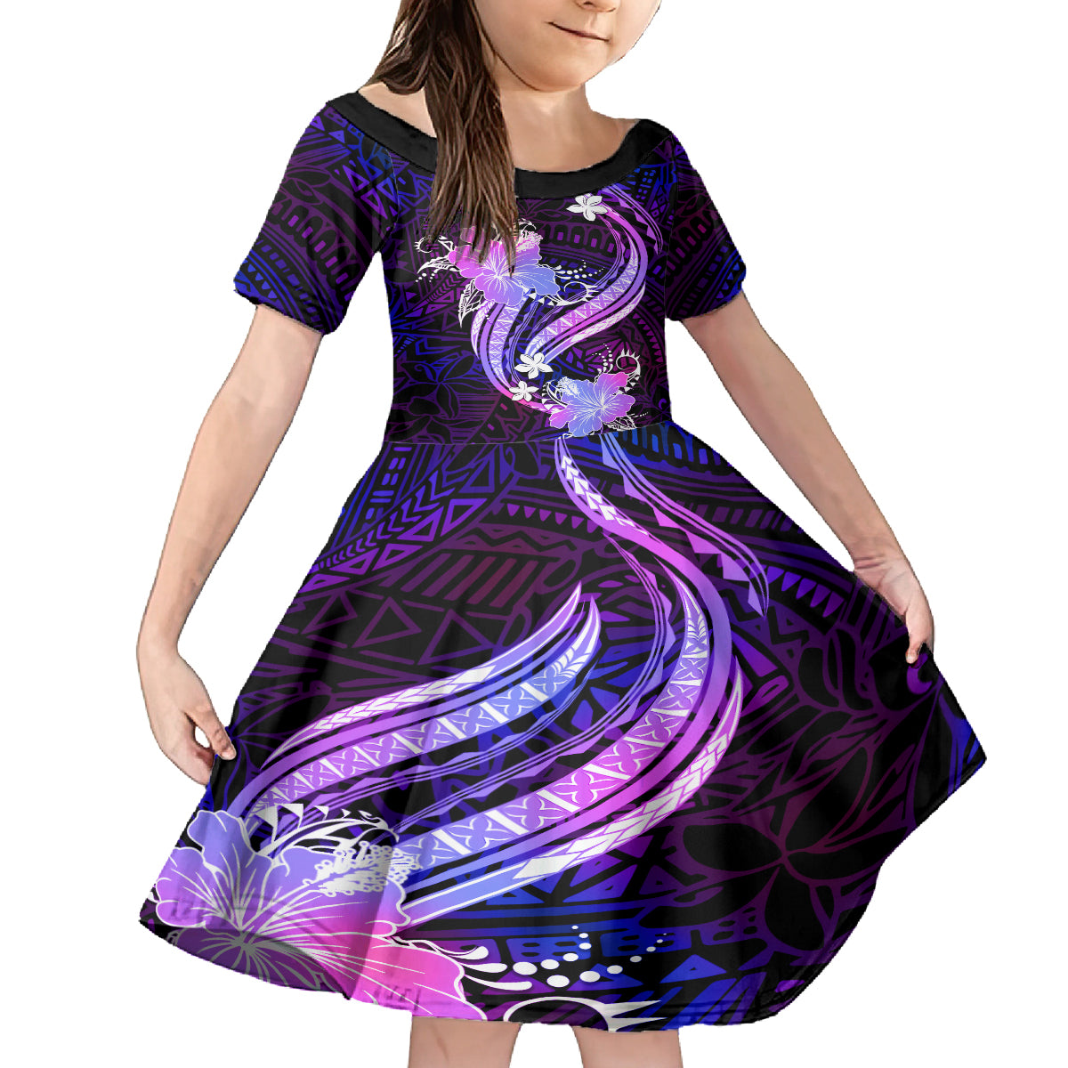 Galaxy Polynesian Pattern With Tropical Flowers Family Matching Off Shoulder Maxi Dress and Hawaiian Shirt LT05 Daughter's Dress Galaxy - Polynesian Pride