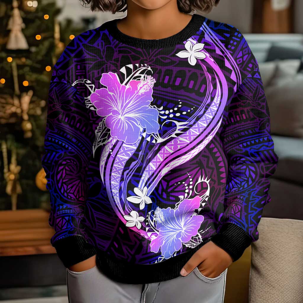 Galaxy Polynesian Pattern With Tropical Flowers Kid Ugly Christmas Sweater LT05 - Polynesian Pride