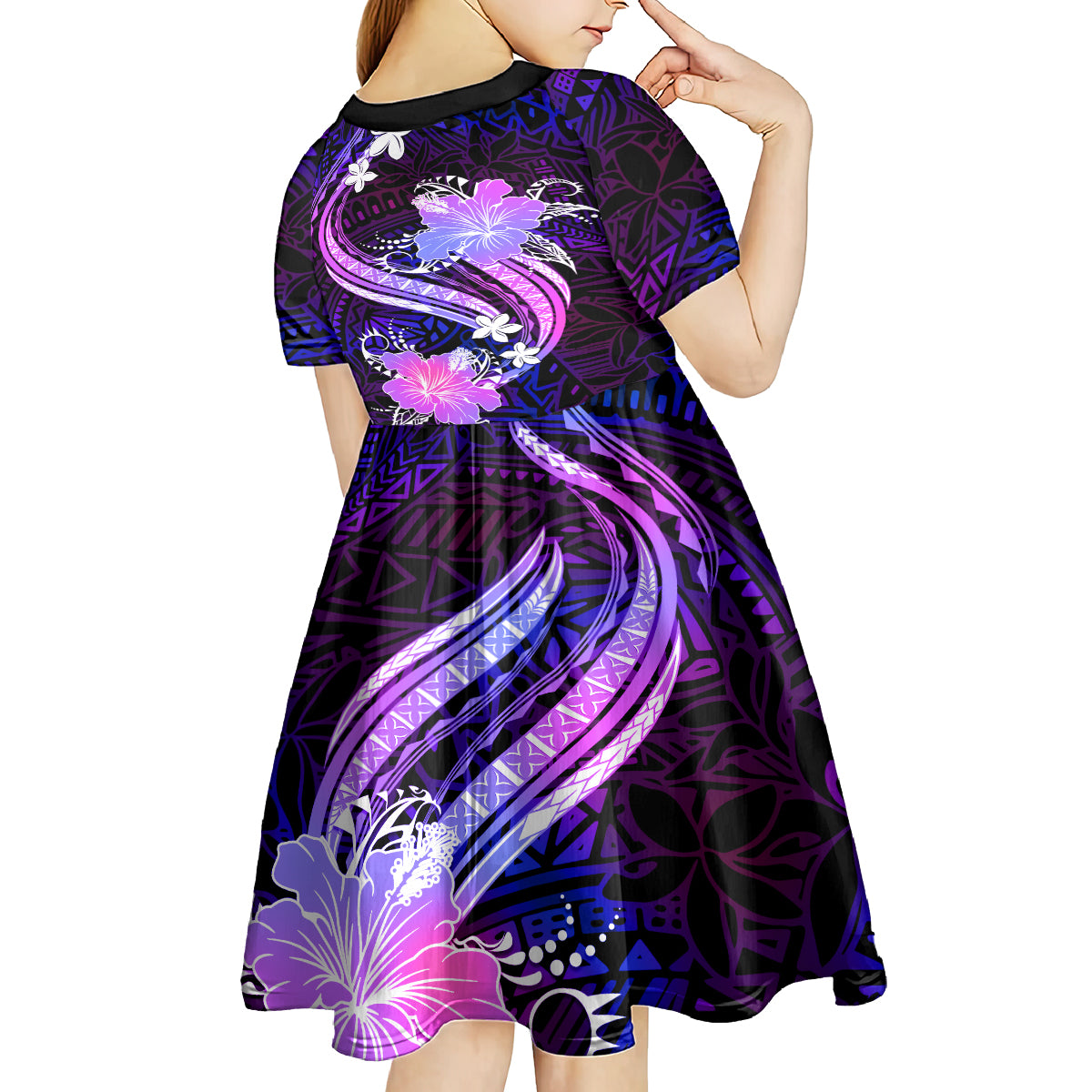 Galaxy Polynesian Pattern With Tropical Flowers Kid Short Sleeve Dress LT05 - Polynesian Pride
