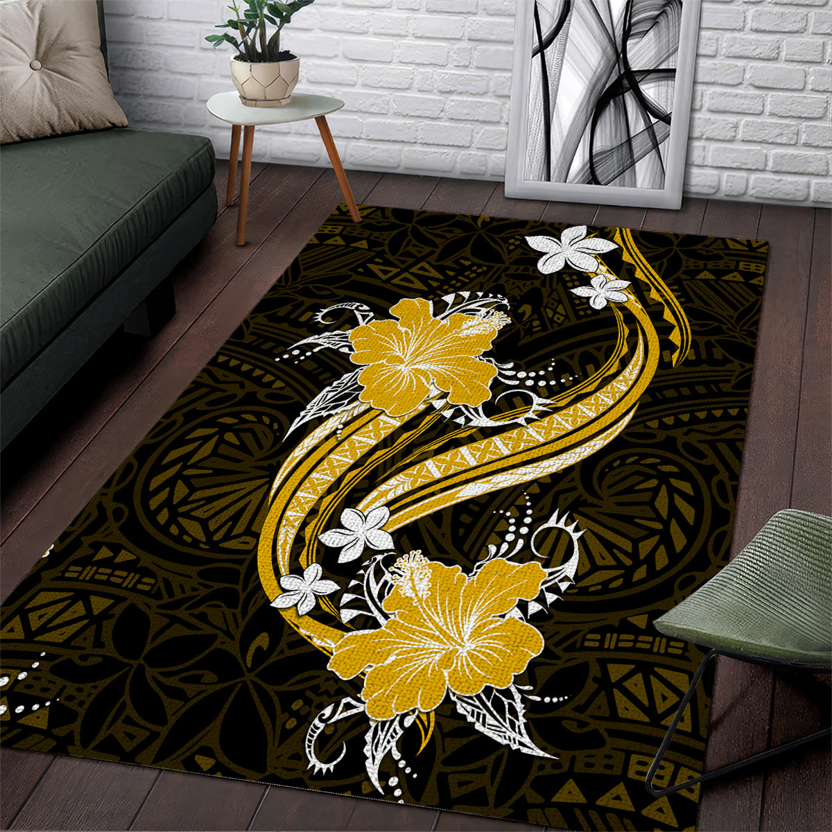 Gold Polynesian Pattern With Tropical Flowers Area Rug LT05 Gold - Polynesian Pride