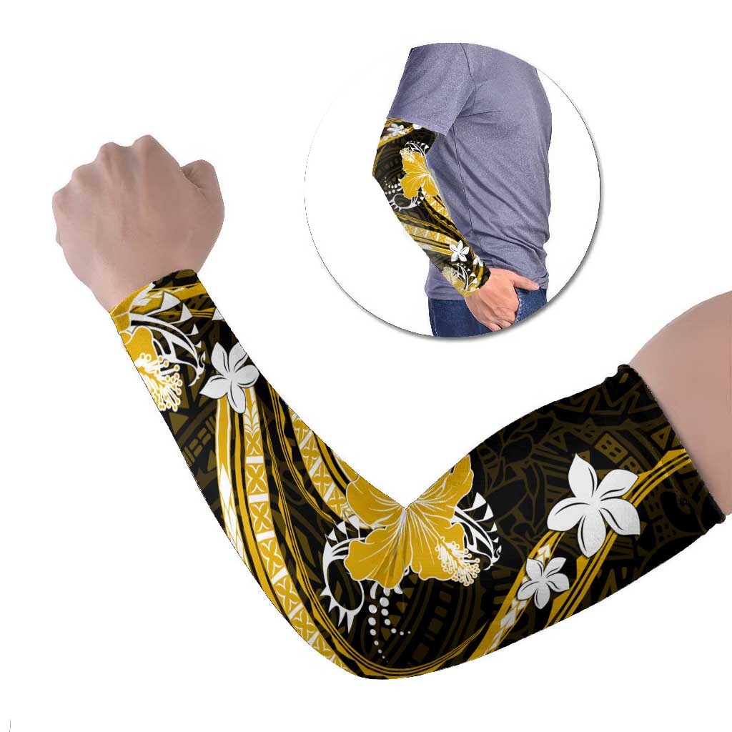 Gold Polynesian Pattern With Tropical Flowers Arm Sleeves - Polynesian Pride