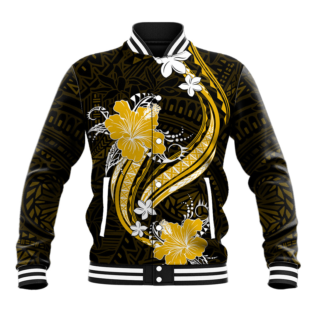 Gold Polynesian Pattern With Tropical Flowers Baseball Jacket LT05 Unisex Gold - Polynesian Pride