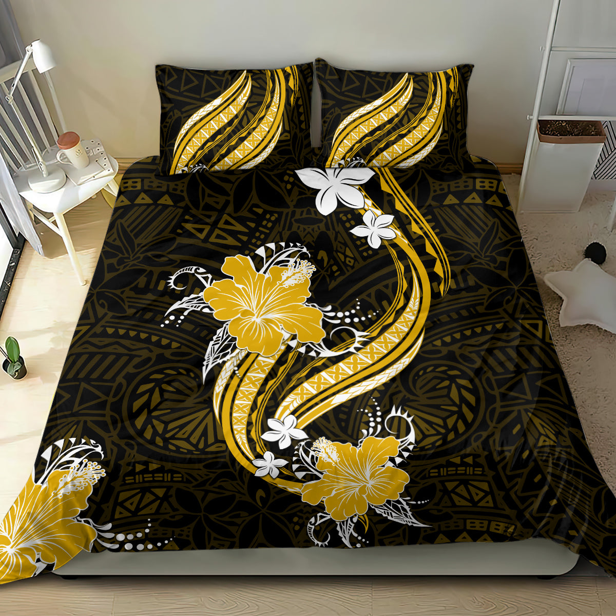 Gold Polynesian Pattern With Tropical Flowers Bedding Set LT05 - Polynesian Pride