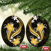 Gold Polynesian Pattern With Tropical Flowers Ceramic Ornament
