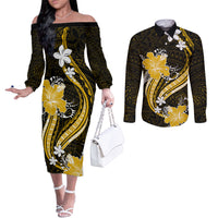 Gold Polynesian Pattern With Tropical Flowers Couples Matching Off The Shoulder Long Sleeve Dress and Long Sleeve Button Shirt LT05 Gold - Polynesian Pride