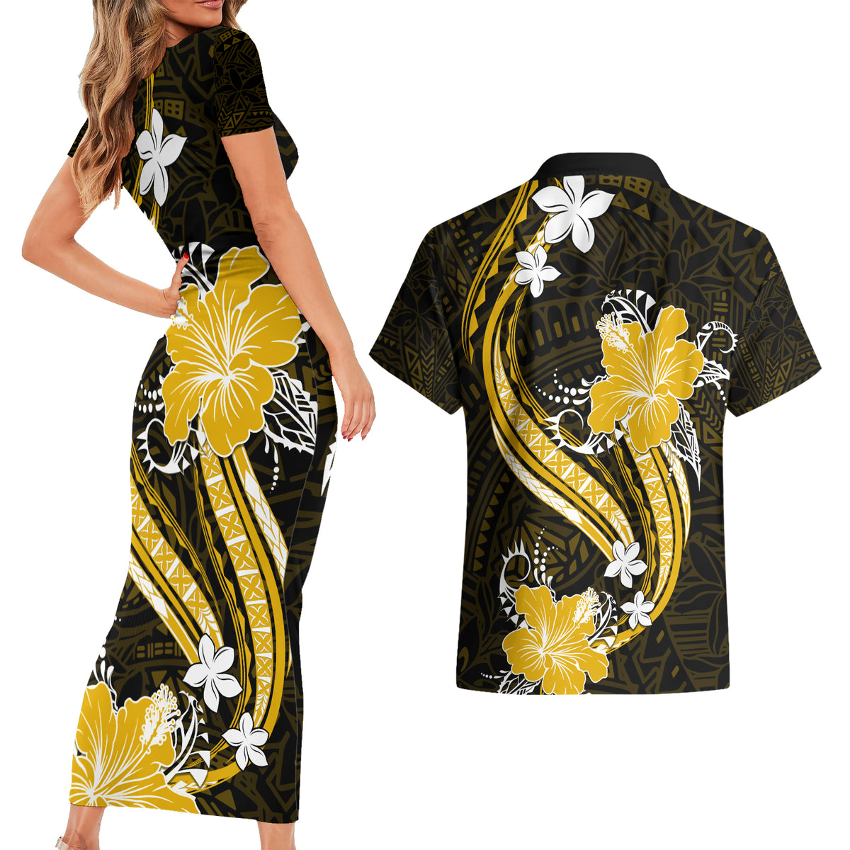 Gold Polynesian Pattern With Tropical Flowers Couples Matching Short Sleeve Bodycon Dress and Hawaiian Shirt LT05 - Polynesian Pride