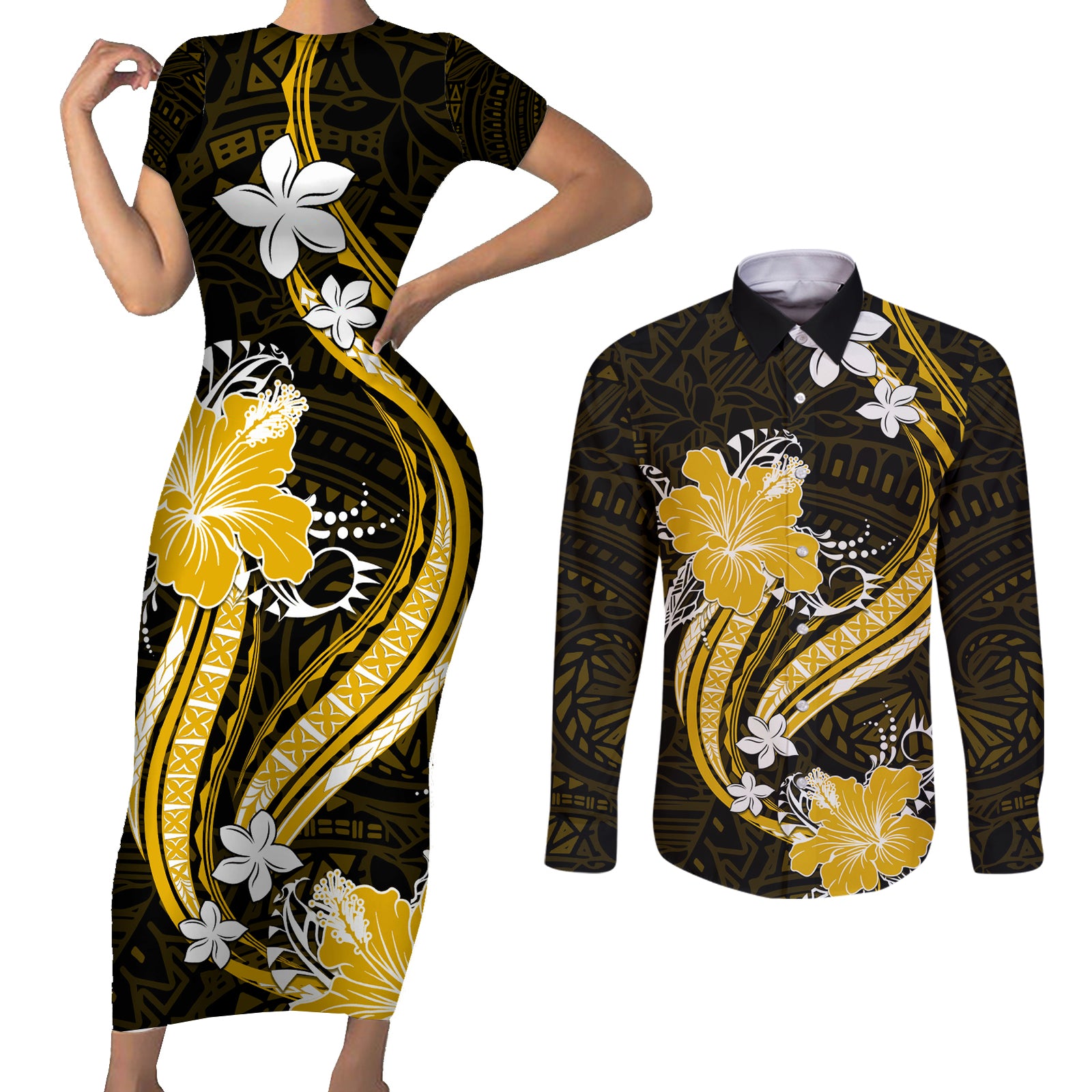 Gold Polynesian Pattern With Tropical Flowers Couples Matching Short Sleeve Bodycon Dress and Long Sleeve Button Shirt LT05 Gold - Polynesian Pride