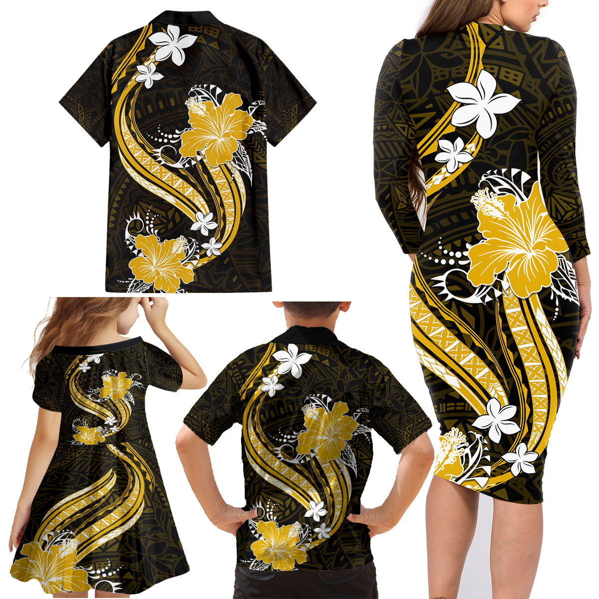 Gold Polynesian Pattern With Tropical Flowers Family Matching Long Sleeve Bodycon Dress and Hawaiian Shirt LT05 - Polynesian Pride