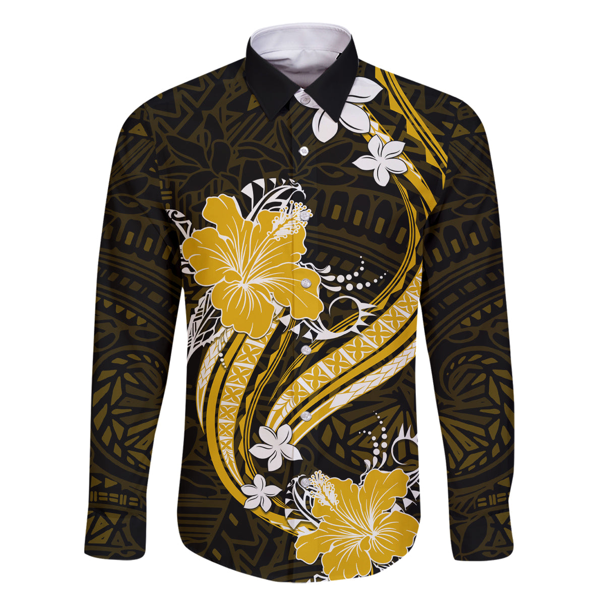 Gold Polynesian Pattern With Tropical Flowers Family Matching Off Shoulder Short Dress and Hawaiian Shirt LT05 Dad's Shirt - Long Sleeve Gold - Polynesian Pride