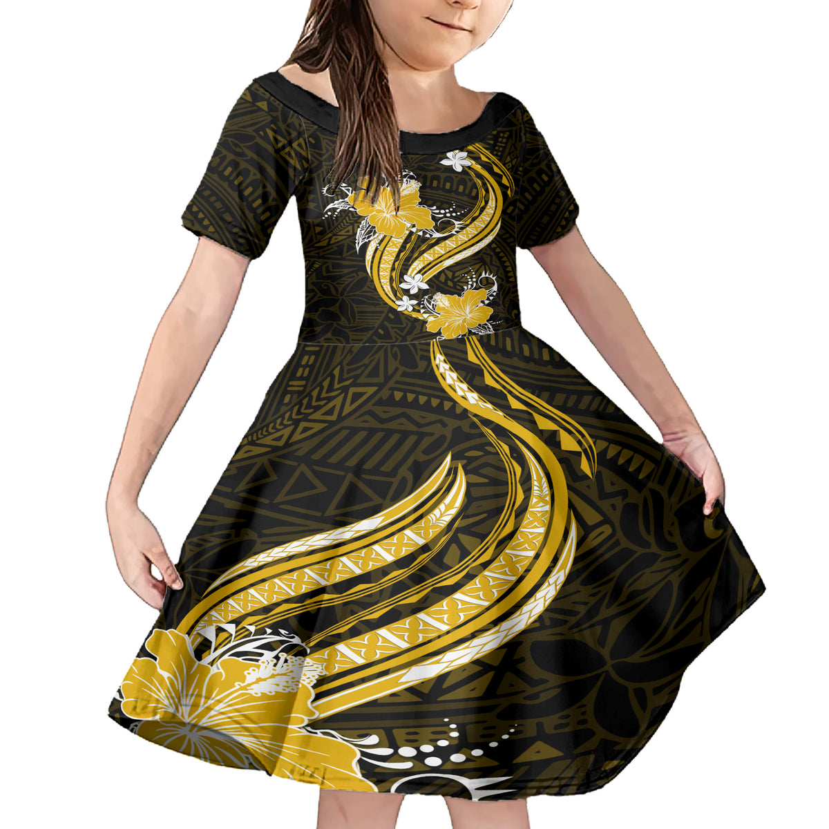Gold Polynesian Pattern With Tropical Flowers Family Matching Short Sleeve Bodycon Dress and Hawaiian Shirt LT05 Daughter's Dress Gold - Polynesian Pride