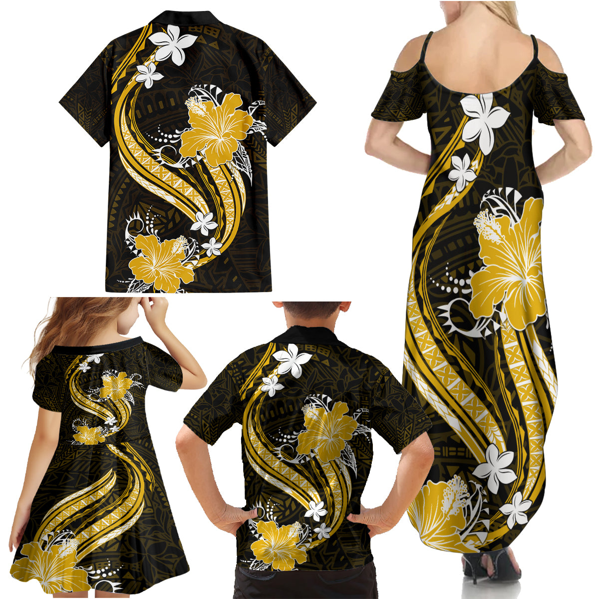 Gold Polynesian Pattern With Tropical Flowers Family Matching Summer Maxi Dress and Hawaiian Shirt LT05 - Polynesian Pride