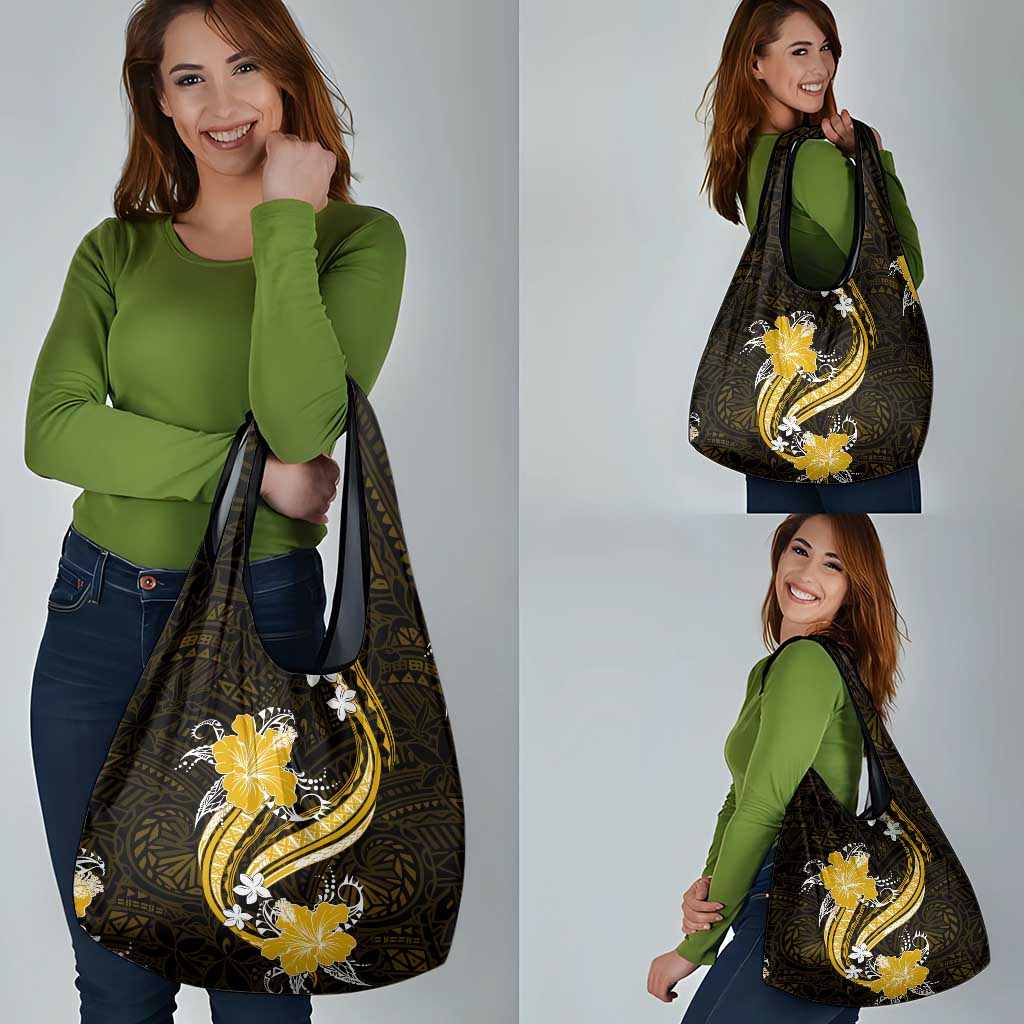 Gold Polynesian Pattern With Tropical Flowers Grocery Bag