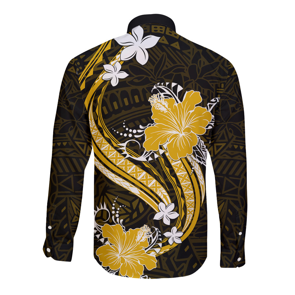 Gold Polynesian Pattern With Tropical Flowers Long Sleeve Button Shirt LT05 - Polynesian Pride