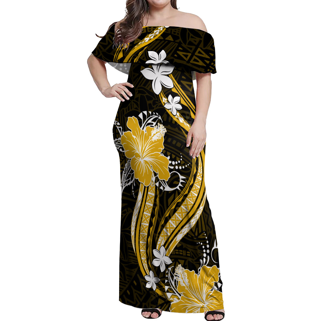 Gold Polynesian Pattern With Tropical Flowers Off Shoulder Maxi Dress LT05 Women Gold - Polynesian Pride