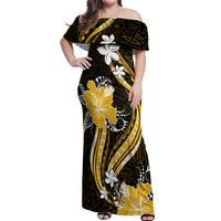 Gold Polynesian Pattern With Tropical Flowers Off Shoulder Maxi Dress LT05 Women Gold - Polynesian Pride