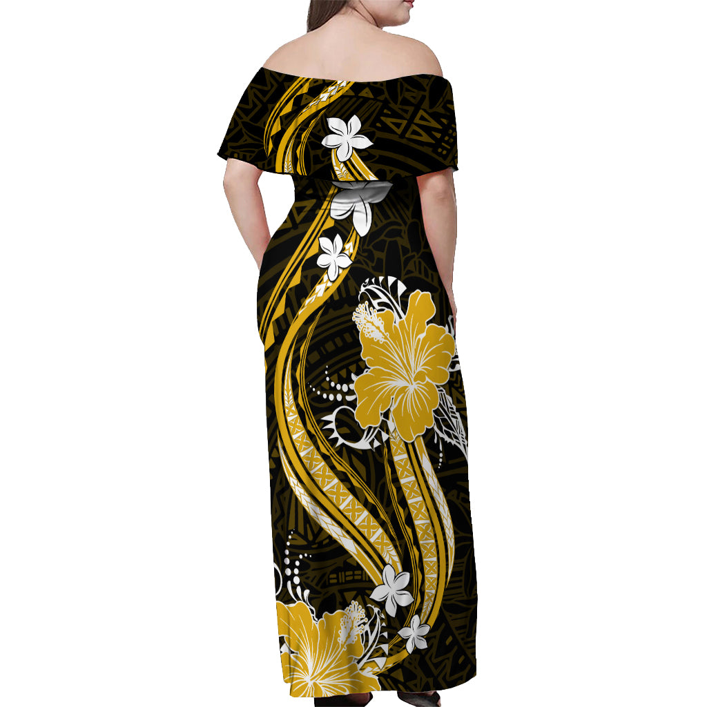 Gold Polynesian Pattern With Tropical Flowers Off Shoulder Maxi Dress LT05 - Polynesian Pride