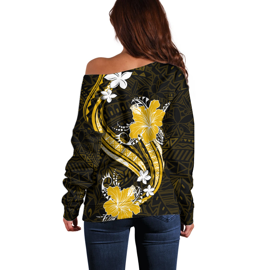 Gold Polynesian Pattern With Tropical Flowers Off Shoulder Sweater LT05 - Polynesian Pride