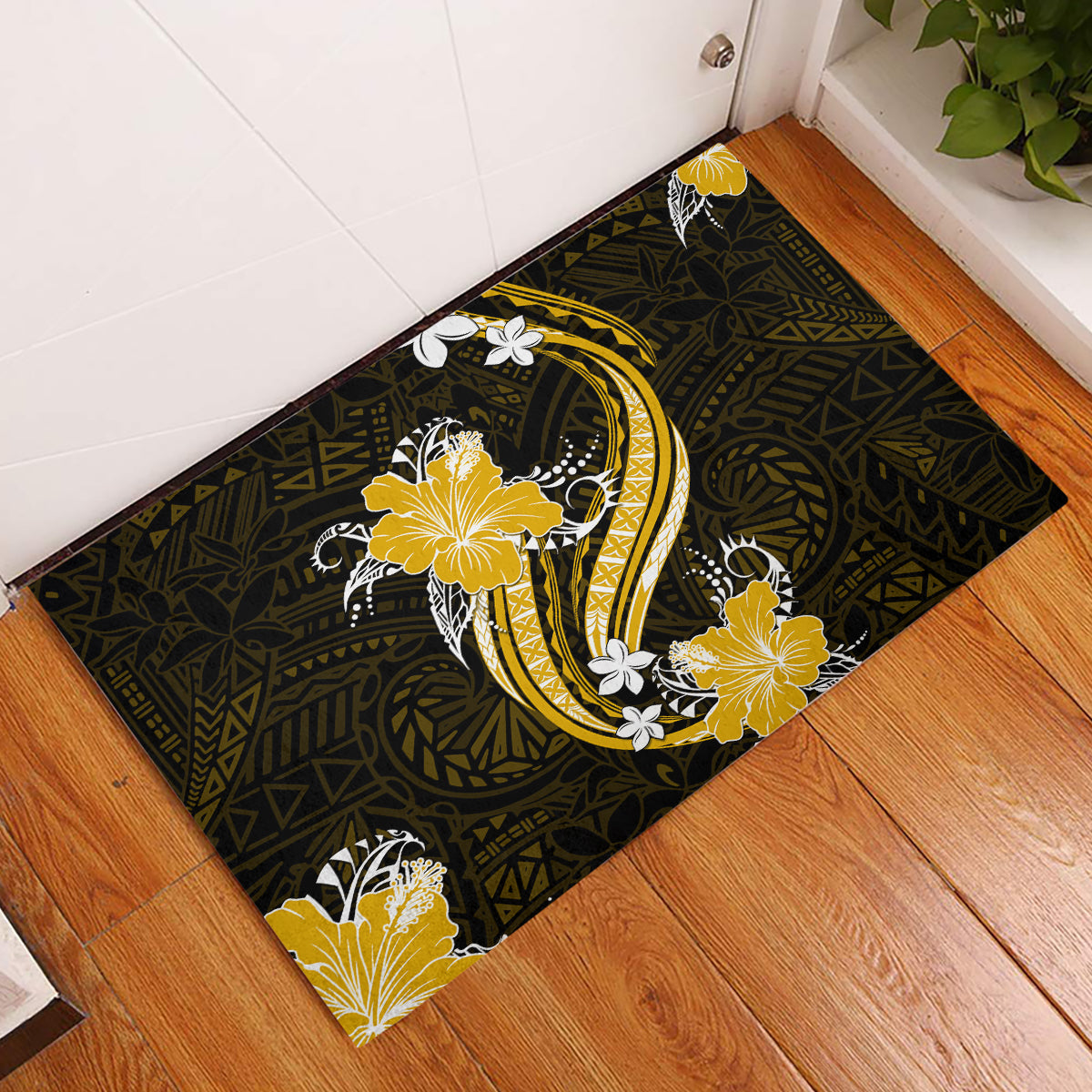 Gold Polynesian Pattern With Tropical Flowers Rubber Doormat LT05 Gold - Polynesian Pride