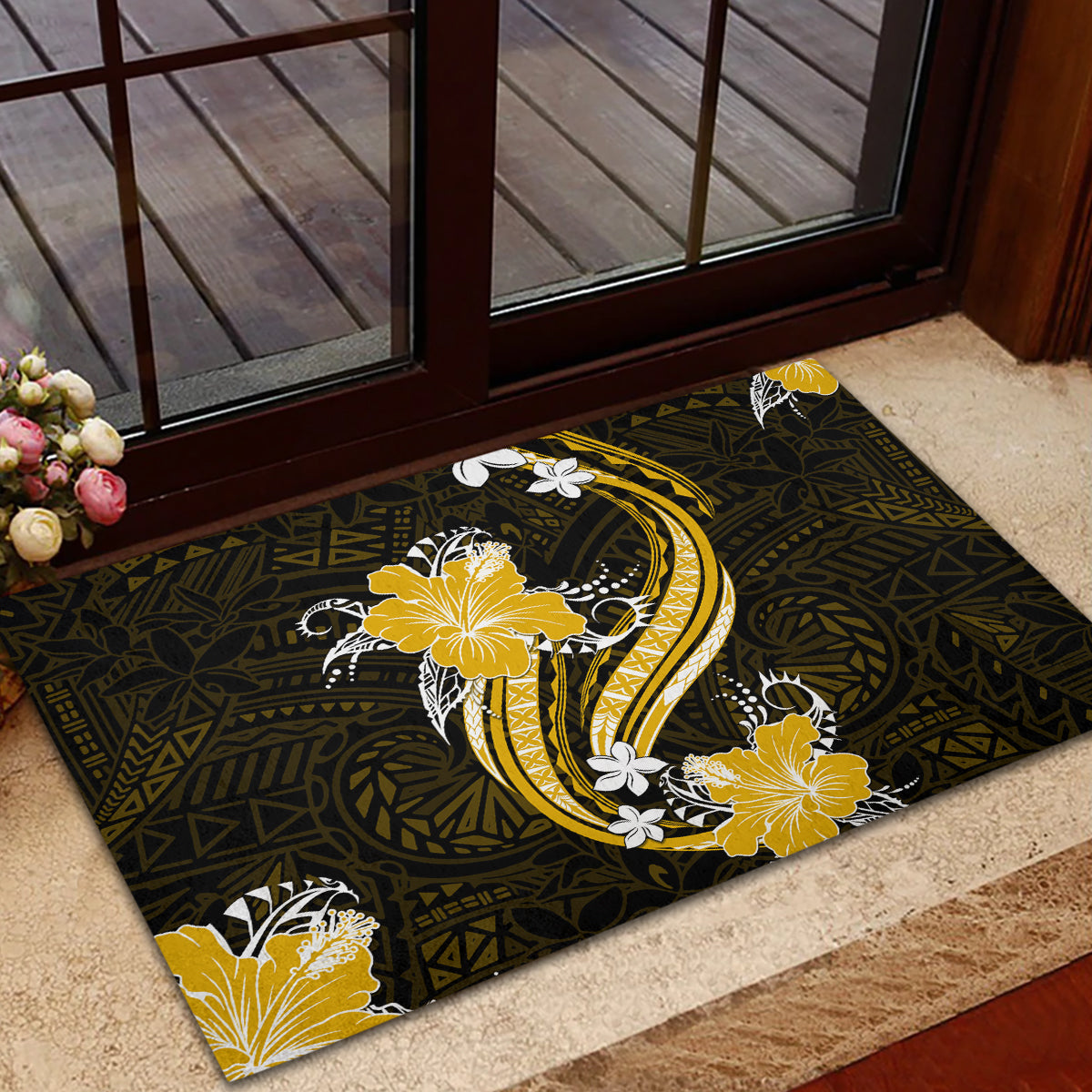 Gold Polynesian Pattern With Tropical Flowers Rubber Doormat LT05 - Polynesian Pride