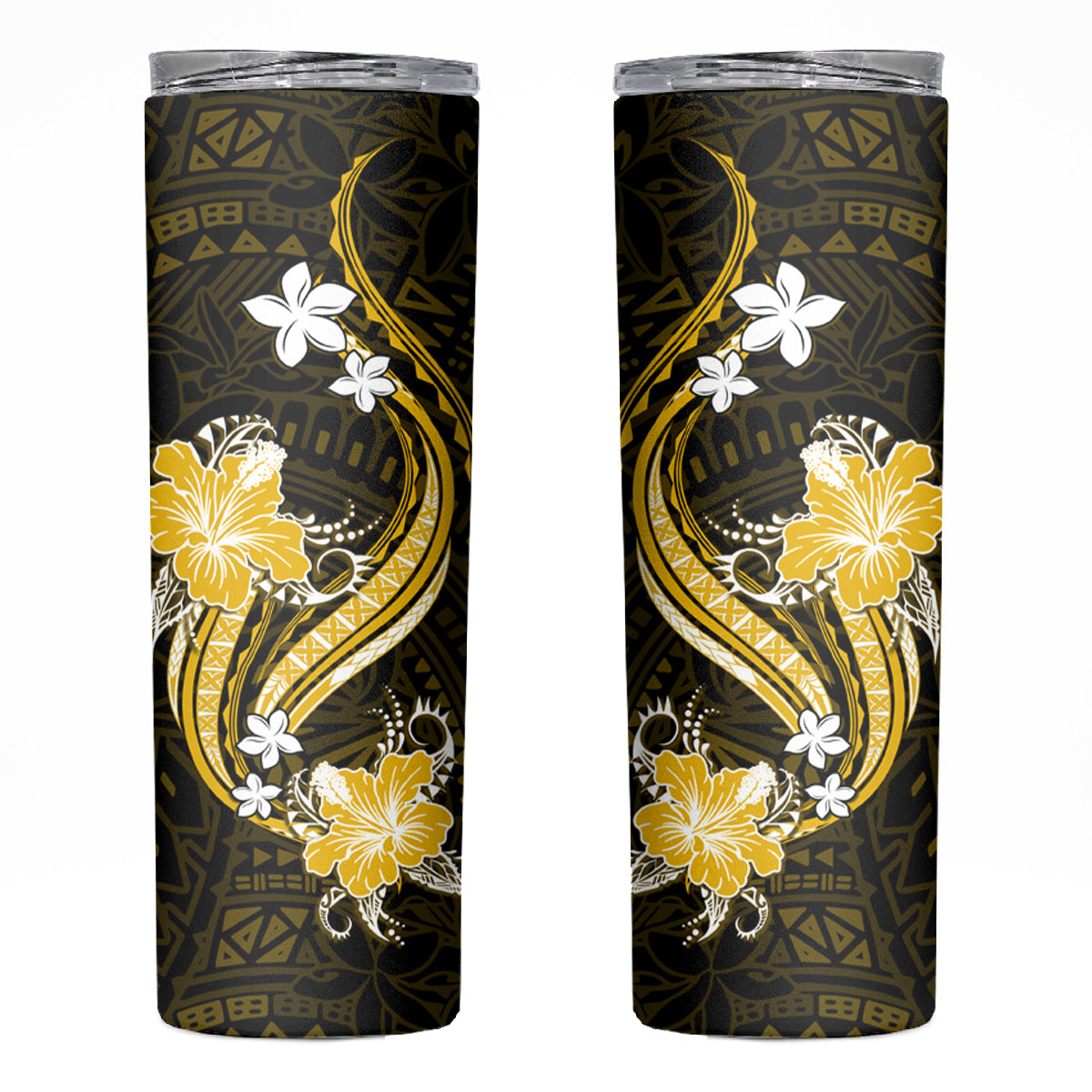 Gold Polynesian Pattern With Tropical Flowers Skinny Tumbler