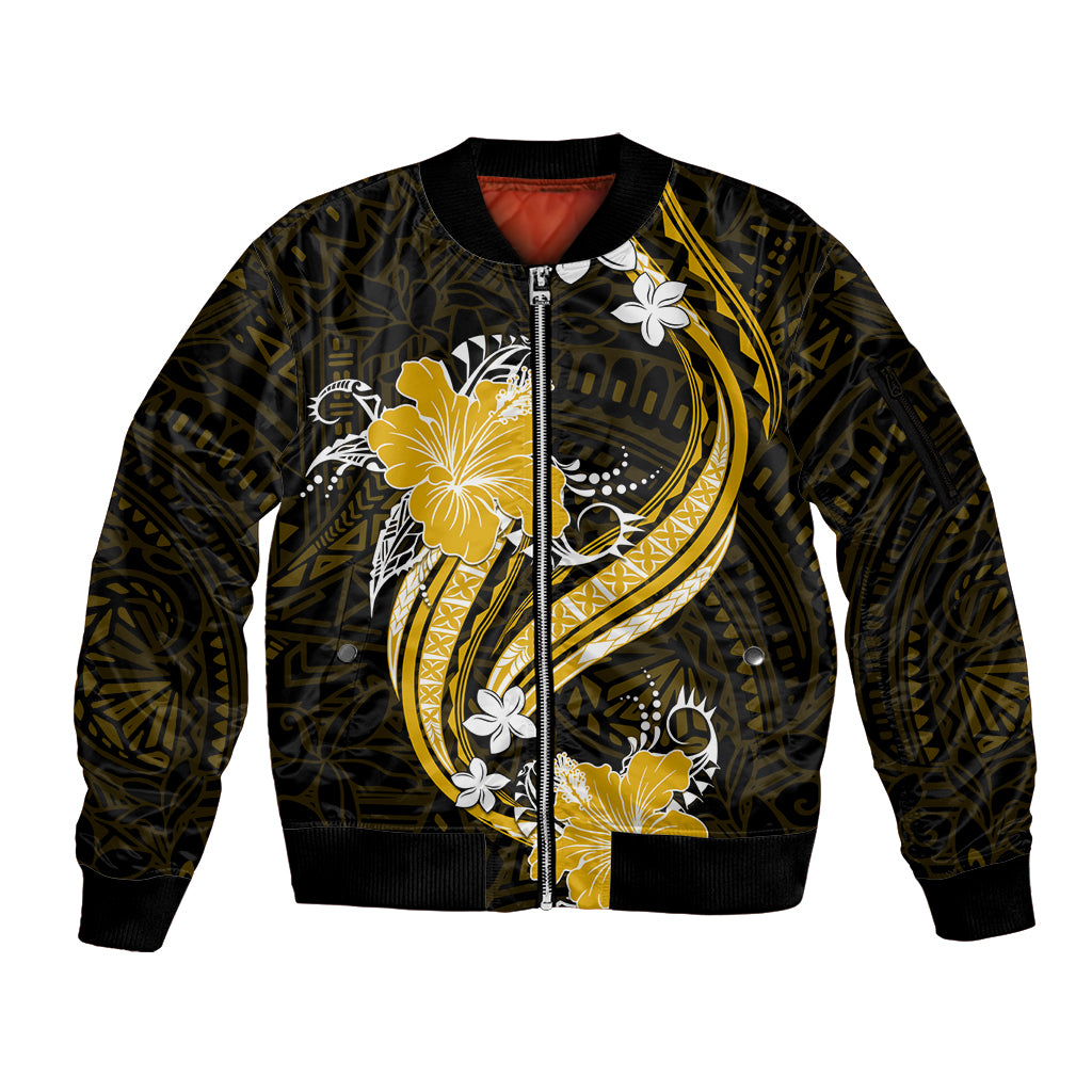 Gold Polynesian Pattern With Tropical Flowers Sleeve Zip Bomber Jacket LT05 Unisex Gold - Polynesian Pride