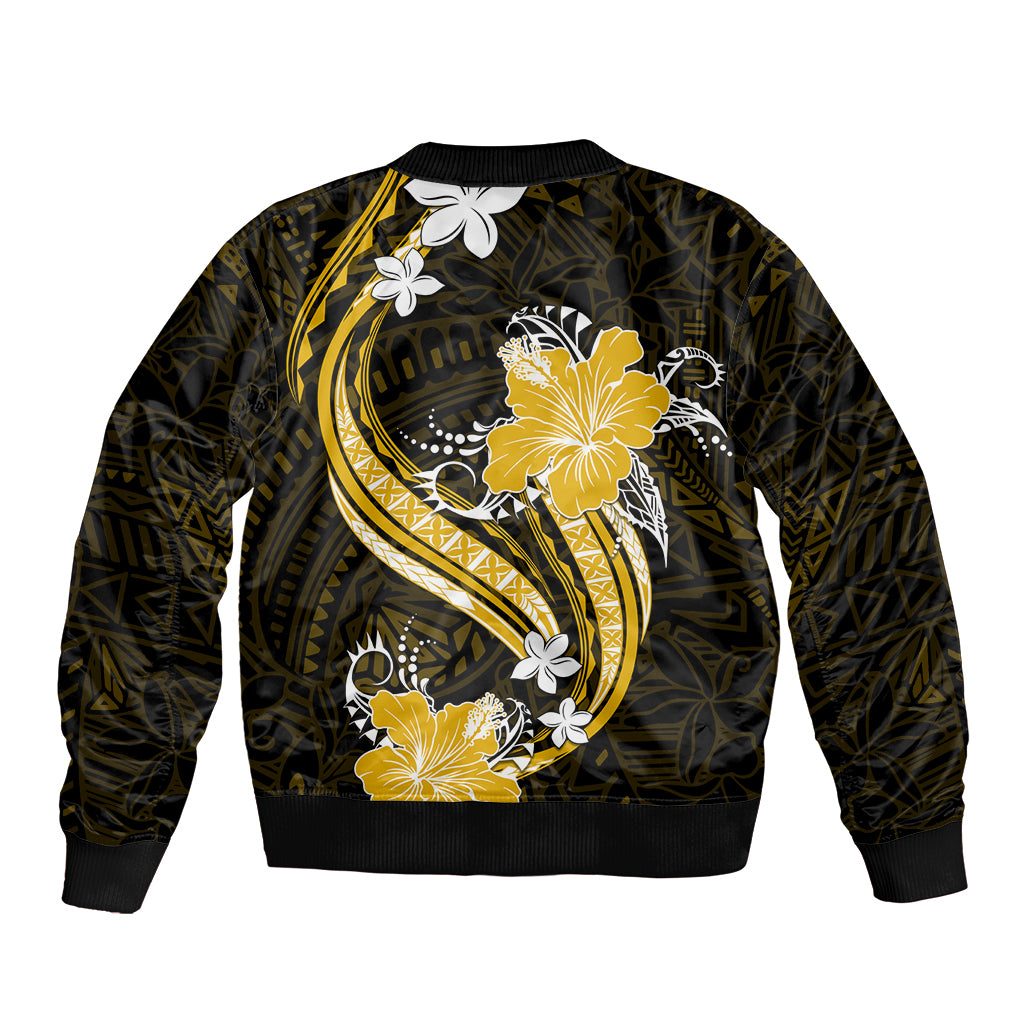 Gold Polynesian Pattern With Tropical Flowers Sleeve Zip Bomber Jacket LT05 - Polynesian Pride