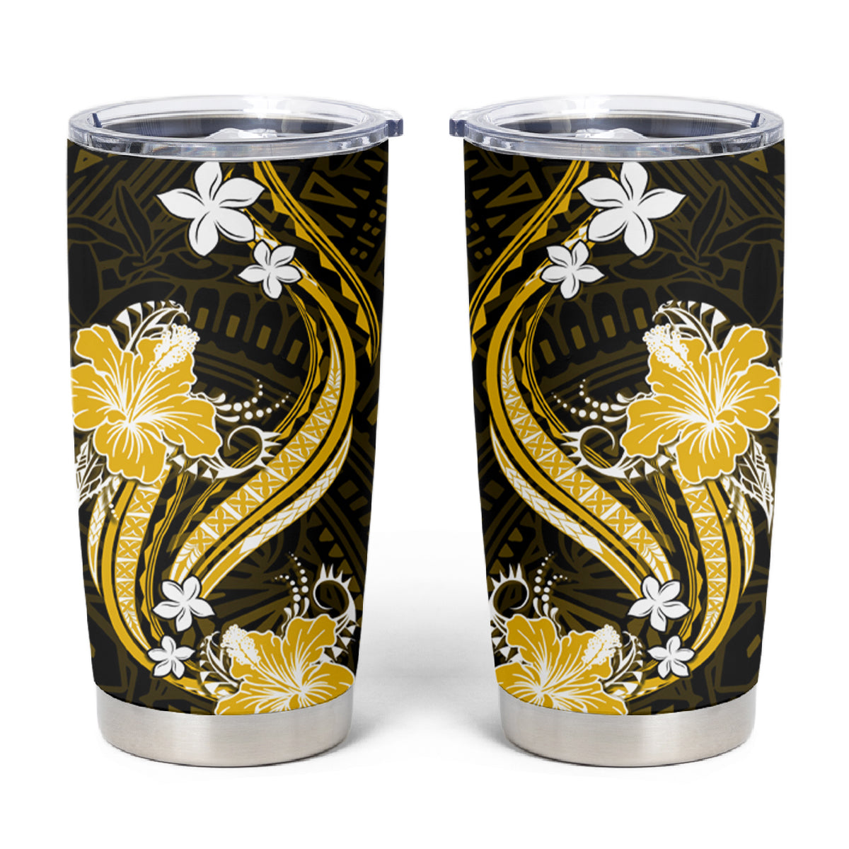 Gold Polynesian Pattern With Tropical Flowers Tumbler Cup