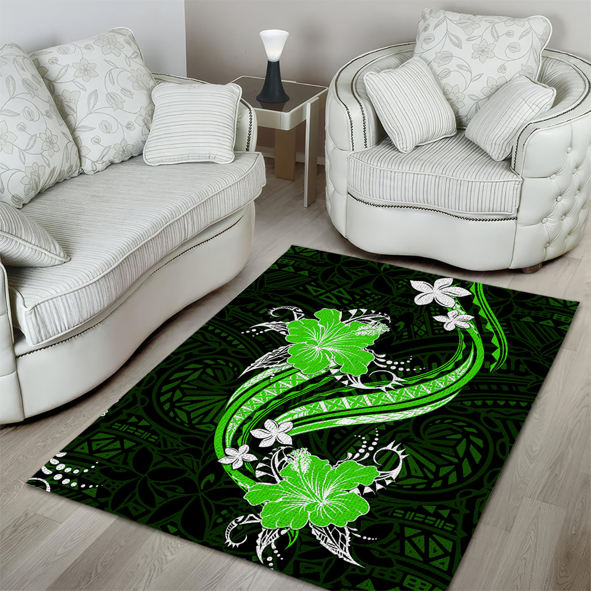 Green Polynesian Pattern With Tropical Flowers Area Rug LT05 - Polynesian Pride