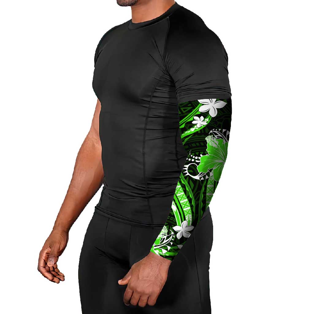 Green Polynesian Pattern With Tropical Flowers Arm Sleeves - Polynesian Pride